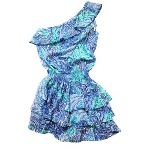 Lilly Pulitzer Peighton One Shoulder Mini Dress Womens XL Tiered Rayon Blue FLAW